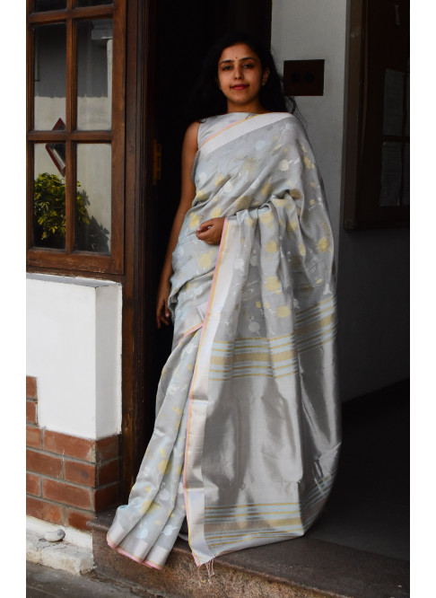 Silver Grey, Handwoven Organic Cotton, Textured Weave , Jacquard Handpicked, Festive Wear, Jari Saree